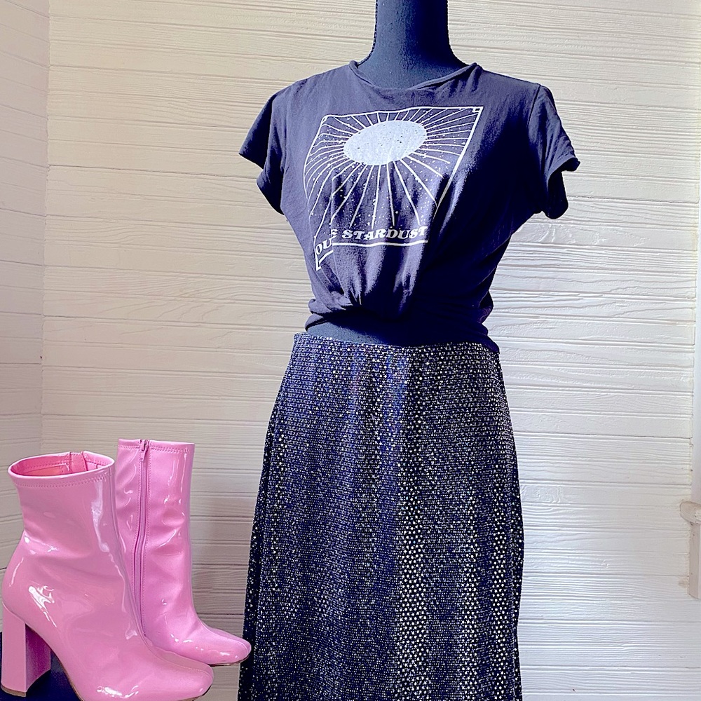 Urban Outfitters | Black + Metallic Sequined Glam Midi Skirt